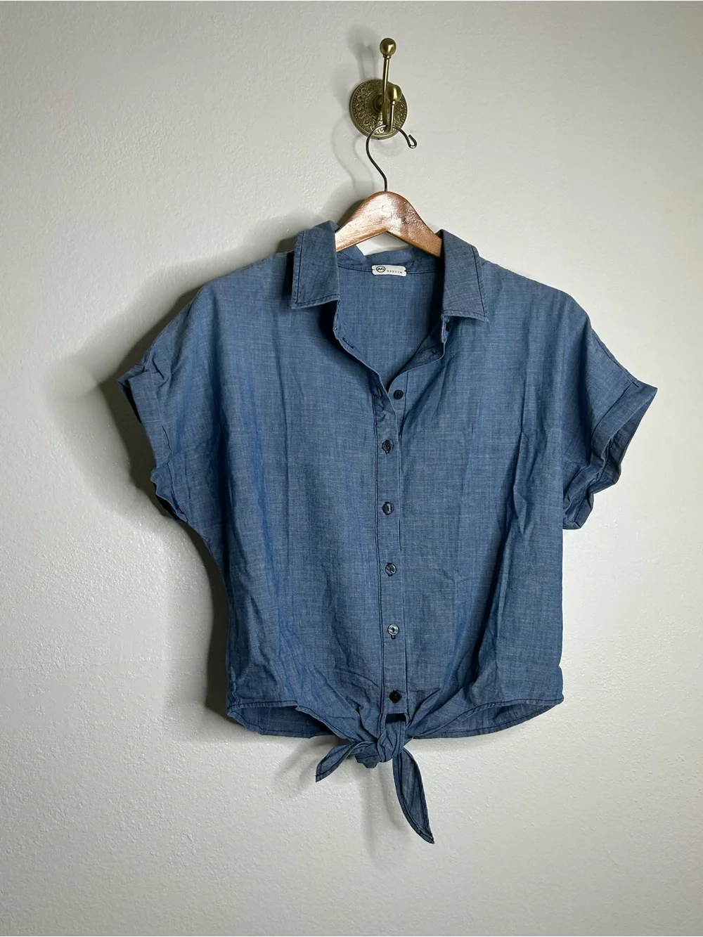 AG 100% Cotton Denim Chambray Button Down Tie Front Short Sleeve Boxy Blouse Top
